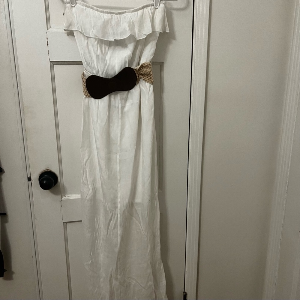 Women summer white strapless dress with belt